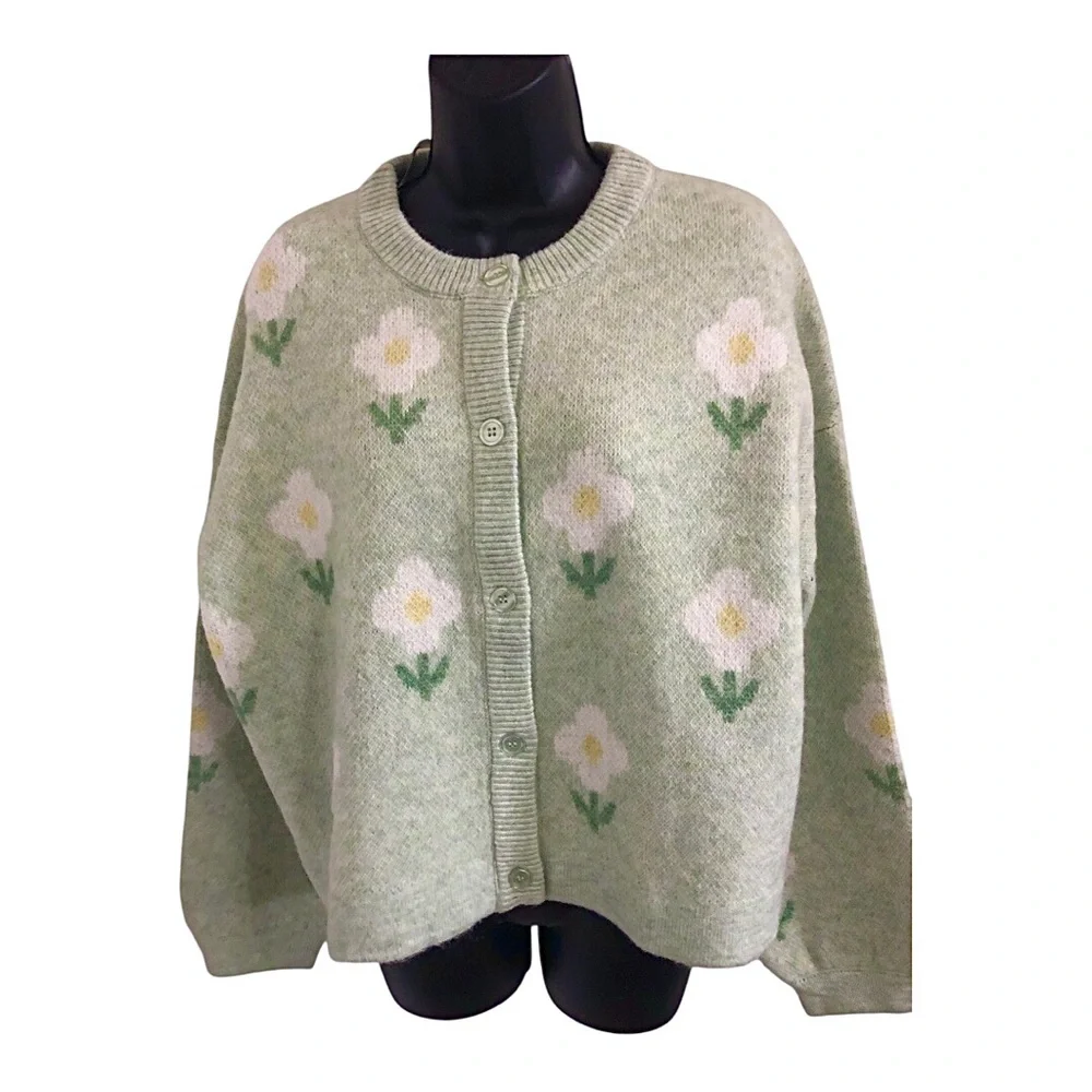 Jessica Simpson‎ mint green white yellow flower chunky cardigan size medium new